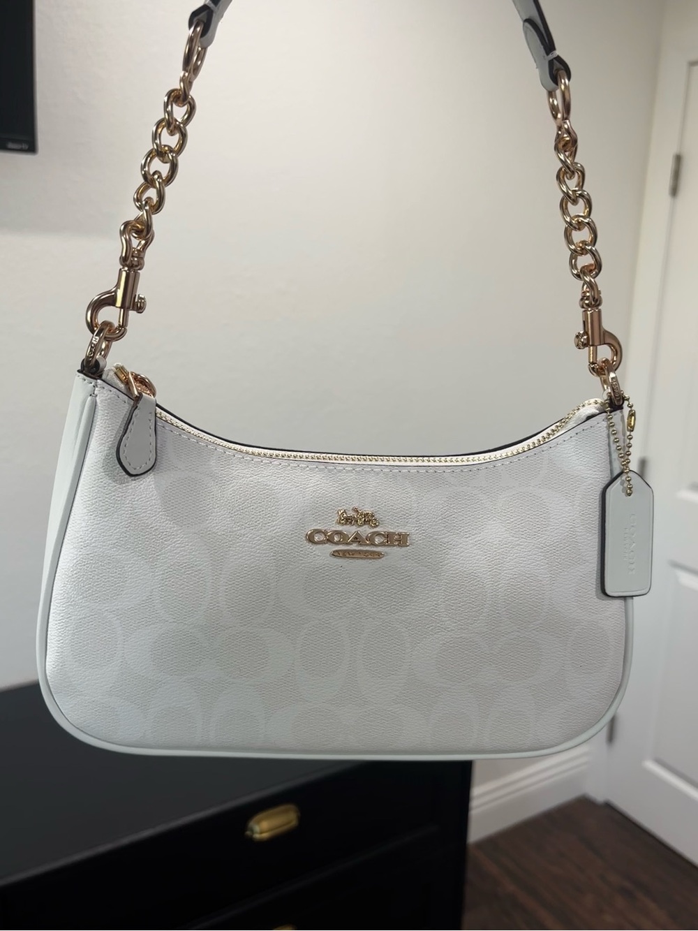 Coach White Teri Signature Chain Shoulder Bag with Gold Hardware